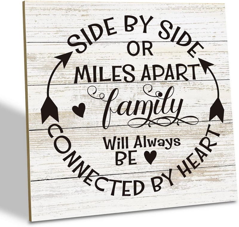 SUSZDOU Family Sign, “Side by Side or Miles Apart, Family Will Always Be Connected by Heart”, Wooden Plaque Table Art Sign 6.2x6.2 Inch, Farmhouse Room Decor, Long Distance Gift for Loved Ones - Image 1